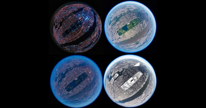 Four fisheye images of Earth from above, showing the Great Lakes region in different lighting and color filters: night view, daytime, false-color, and grayscale. Each image displays the same area from a similar perspective.