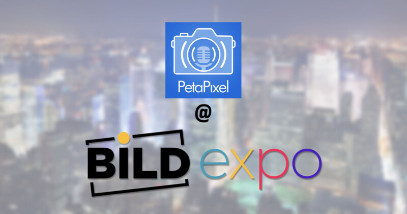 The PetaPixel logo above the text "PetaPixel @ BILD expo," with the BILD logo and "expo" in colorful letters, over a blurred cityscape background.