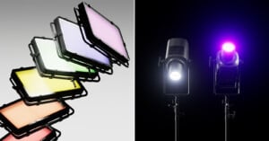 Split image: On the left, stacked rectangular LED light panels glow in pastel colors; on the right, two stage spotlights shine—one with white light, the other with a vivid purple beam—against a dark background.