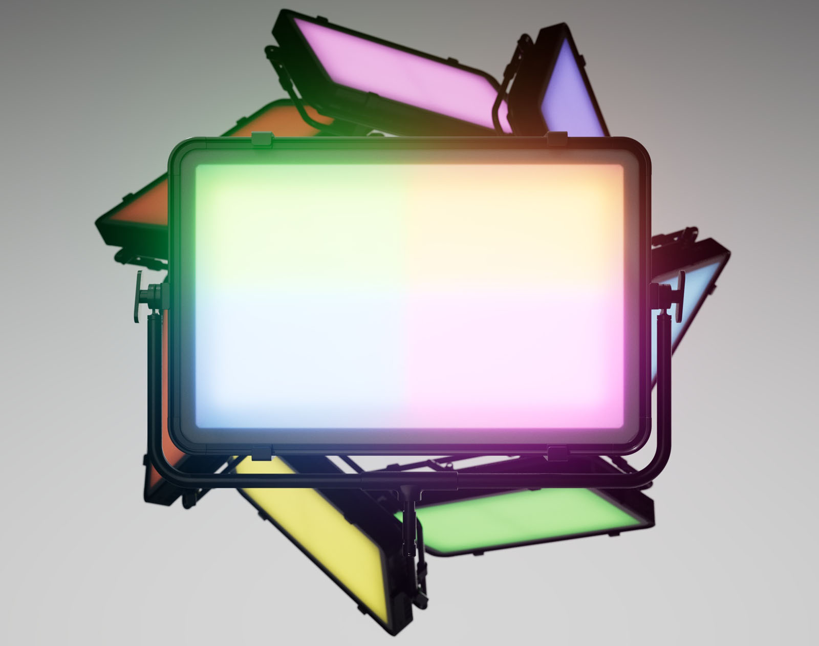 A cluster of rectangular LED light panels displaying various pastel colors, including pink, yellow, and blue, arranged in a geometric, abstract formation against a neutral background.