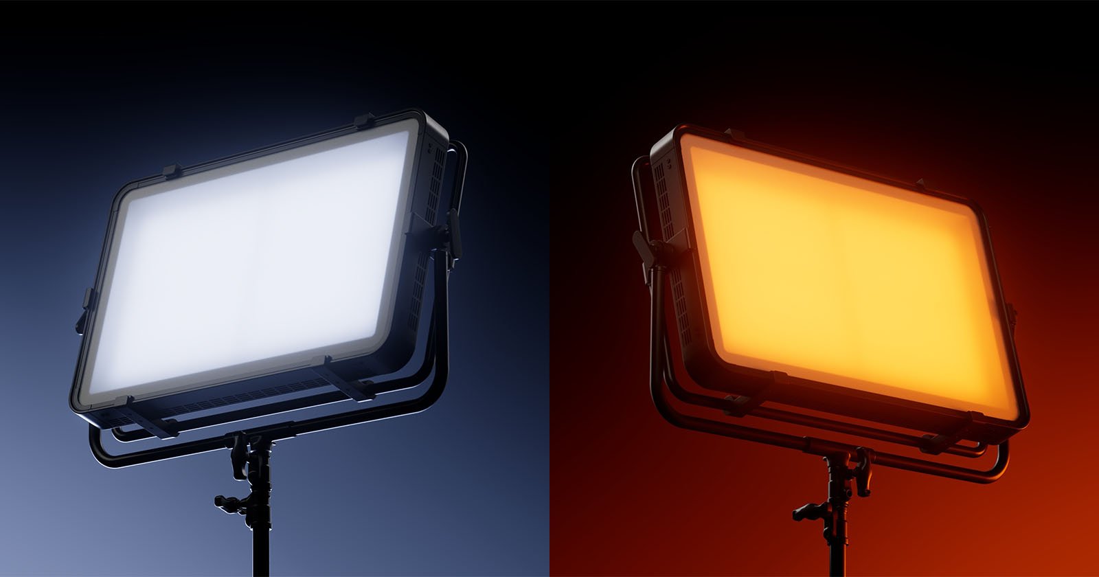 A split image showing two studio lights: the left side emits a bright white light against a blue background, and the right side emits a warm orange light against an orange-red background.