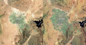 Side-by-side satellite images of Las Vegas and Lake Mead show urban expansion over time, with the left image showing less development and the right image showing increased urban growth and changing land patterns.