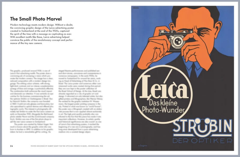 A vintage Leica camera advertisement shows a stylized illustration of a person holding a camera to their face. On the opposite page is an article titled "The Small Photo Marvel" with text describing Leica’s innovation.