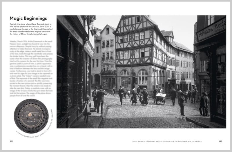 A black-and-white photo shows a bustling European street scene with people walking and horse-drawn carts. Historic half-timbered buildings line the cobblestone street under a bright sky. Text sits on the left side of the image.