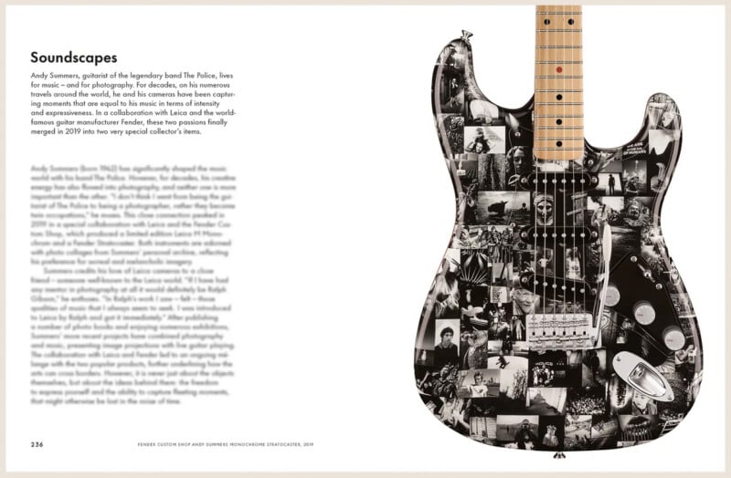 A black and white electric guitar covered with photo collage images is shown on the right. On the left, there is text about Andy Summers of The Police and his collaboration on this unique guitar design.