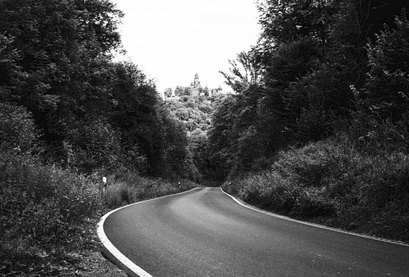 A winding road curves through dense trees, leading toward a distant hilltop castle partially hidden by foliage, under a bright sky. The image is in black and white.