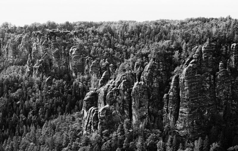 Black and white photo of a dense forest with tall, jagged rock formations rising among the trees, creating a dramatic natural landscape.