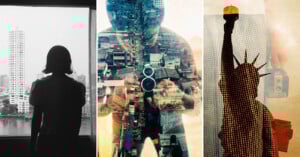 A collage of three artistic photos: a person silhouetted against a city view, a double exposure of a photographer and urban buildings, and the Statue of Liberty next to a person holding a camera.