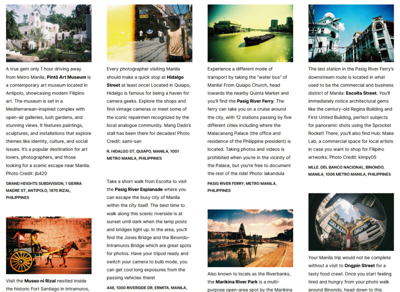 A collage of colorful photos and short descriptions showcases tourist attractions in Manila, including museums, historic landmarks, river tours, street scenes, and picturesque spots with both modern and Spanish-colonial architecture.