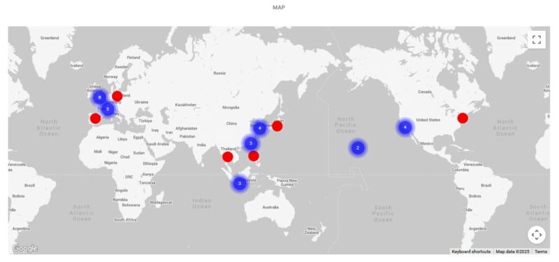 A world map with clustered blue and red location markers indicating data points in the US, Europe, Africa, the Middle East, South and East Asia, and Australia. Blue clusters have higher counts of locations.