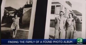 Two black-and-white photos: one of a young girl standing outside, and one of a man and woman in formal attire. News headline at bottom reads, "Finding the family of a found photo album," with the KCRA 3 logo.