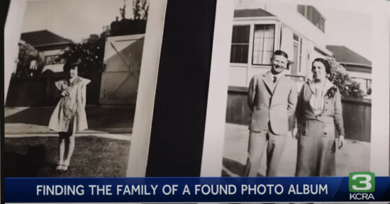 Two black-and-white photos: one of a young girl standing outside, and one of a man and woman in formal attire. News headline at bottom reads, "Finding the family of a found photo album," with the KCRA 3 logo.