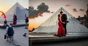 A couple poses in elegant attire in front of the Louvre Pyramid; one image shows them with photographers and equipment, the other shows the edited final shot at sunset with dramatic lighting and colors.