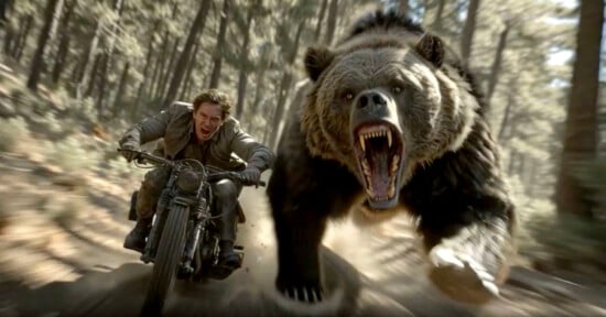 A man on a motorcycle speeds through a forest, looking back in fear as a large, roaring bear chases closely behind him, both kicking up dirt from the forest floor.