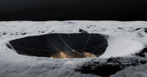 An illustration of a large crater on the Moon with a telescope structure built inside, featuring cables and supports spanning across the crater under a dark starry sky.