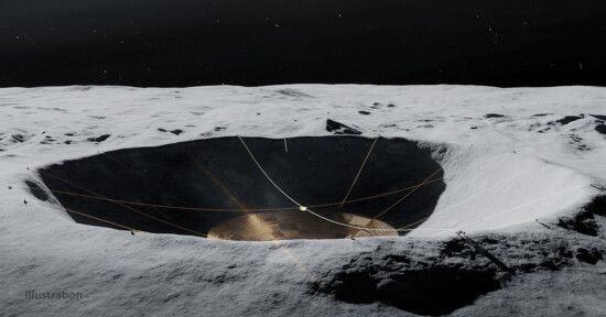 An illustration of a large crater on the Moon with a telescope structure built inside, featuring cables and supports spanning across the crater under a dark starry sky.