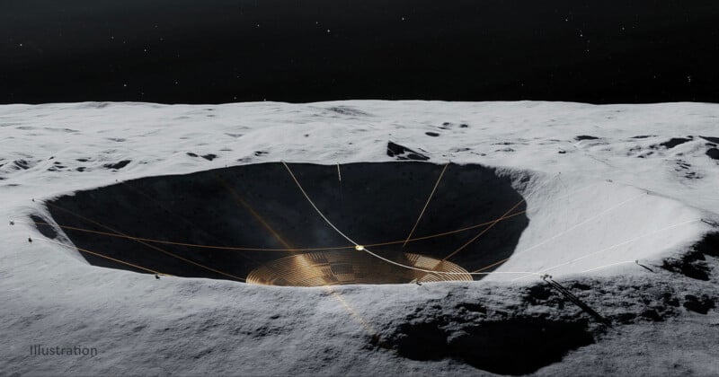 An illustration of a large crater on the Moon with a telescope structure built inside, featuring cables and supports spanning across the crater under a dark starry sky.