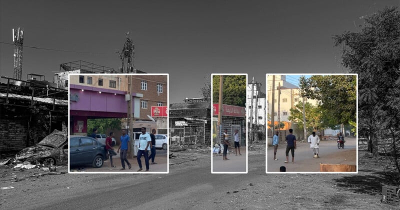 A street with damaged buildings and debris, overlaid with three inset photos showing groups of people walking and standing on sidewalks in an urban setting. Trees and tall buildings appear in the background.