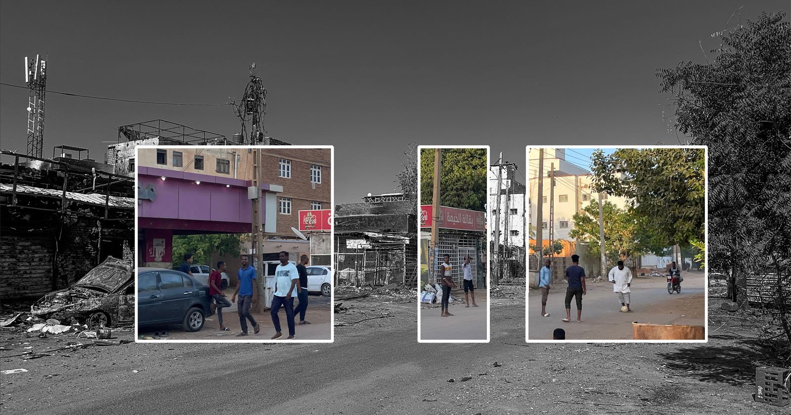 A street with damaged buildings and debris, overlaid with three inset photos showing groups of people walking and standing on sidewalks in an urban setting. Trees and tall buildings appear in the background.