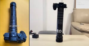 A camera with an extremely long, stacked lens is shown from above on the left and standing upright on a table on the right. The words “a camera.” and “to” appear across the images.