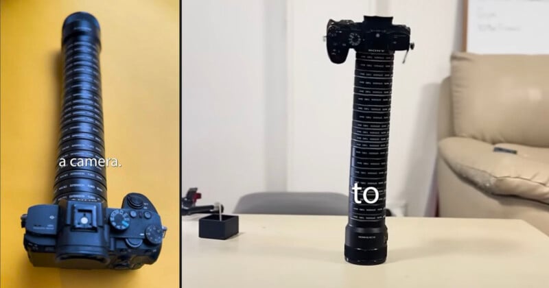 A camera with an extremely long, stacked lens is shown from above on the left and standing upright on a table on the right. The words “a camera.” and “to” appear across the images.