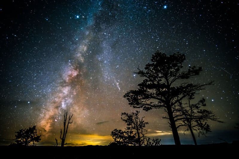 A vibrant night sky filled with stars and the Milky Way stretches above silhouetted trees, with a faint orange glow on the horizon.