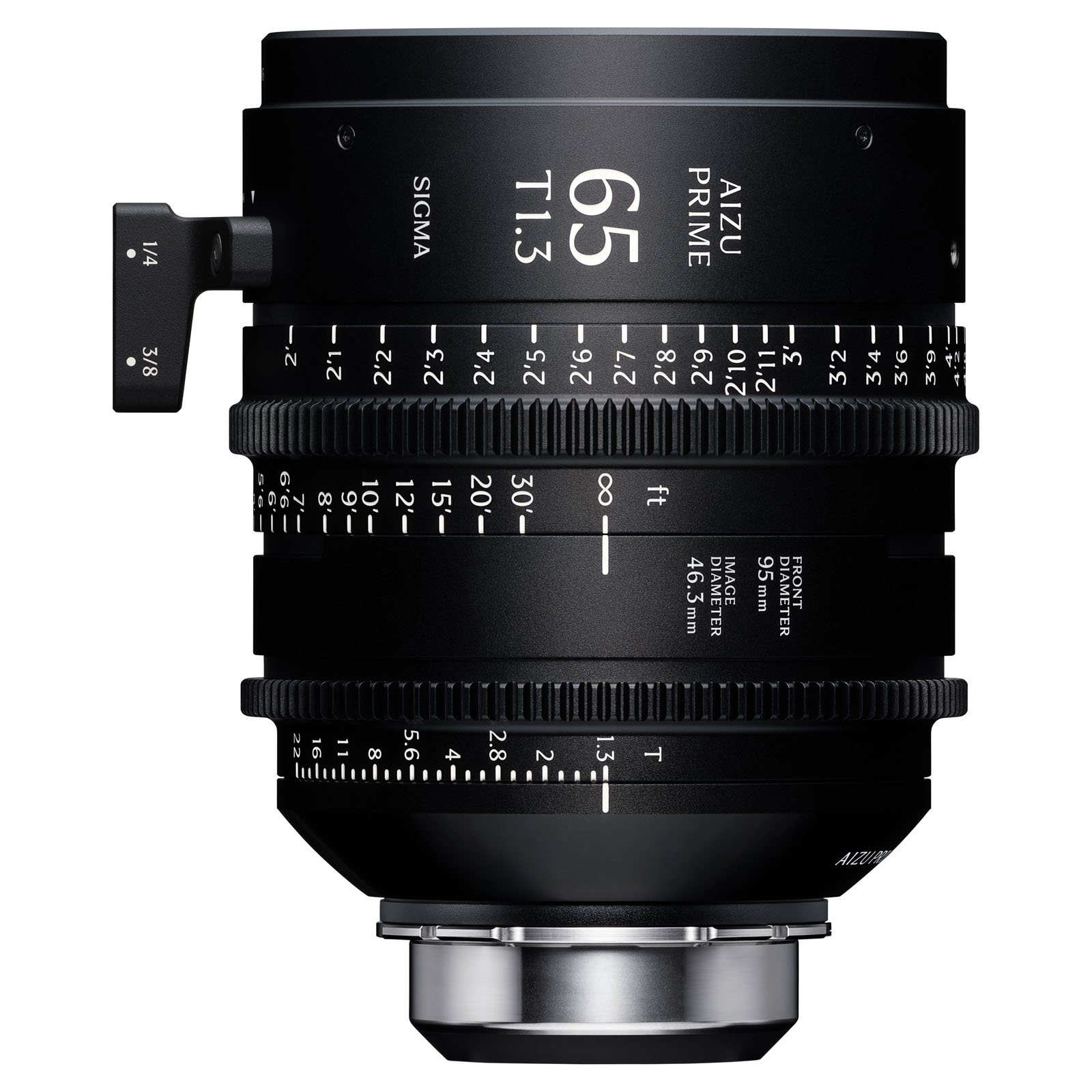 A Sigma 65mm T1.3 cinema lens with marked focus and aperture rings, black housing, and white engraved measurement markings, shown against a white background.