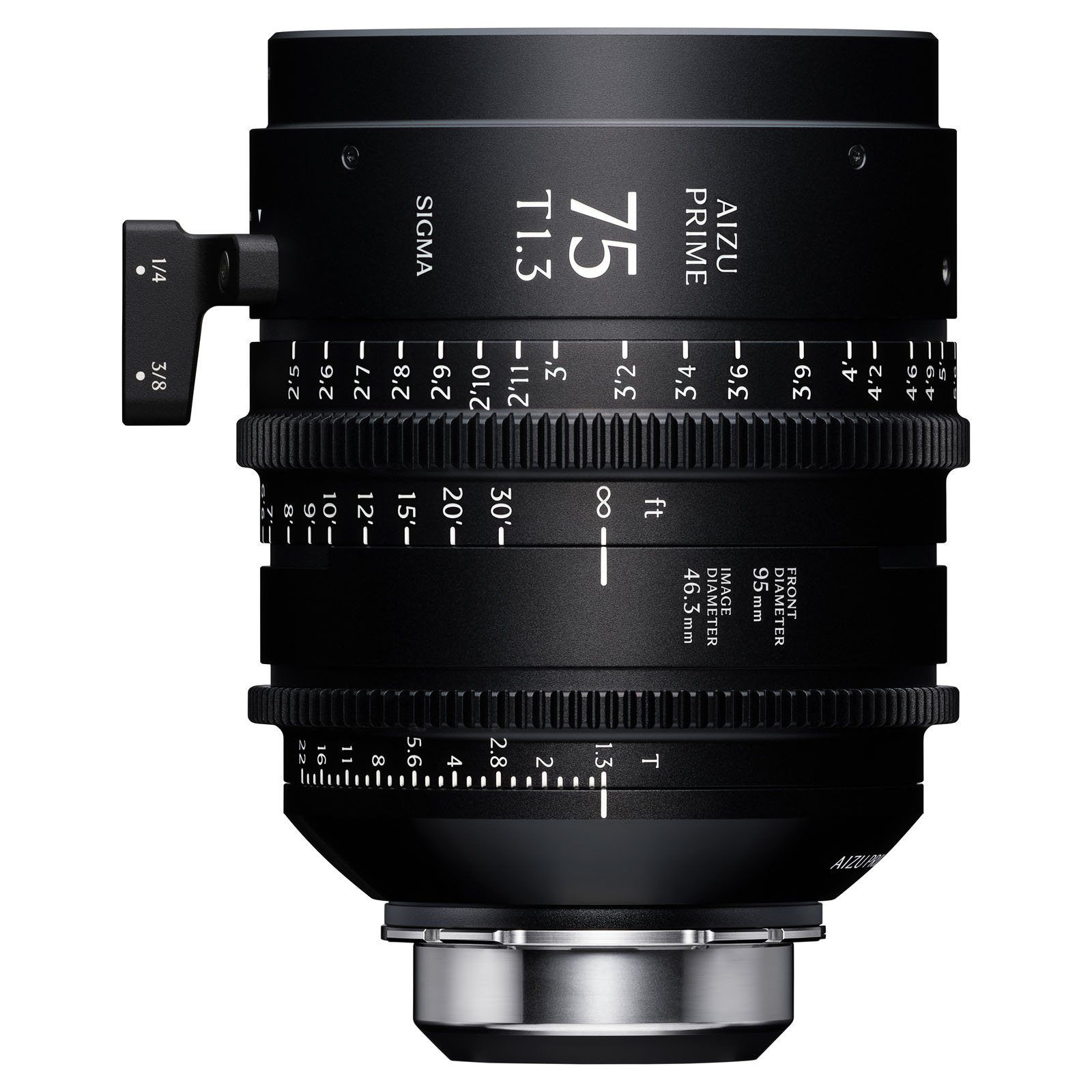 A close-up of a Sigma 75mm T1.5 FF film lens, showing detailed focus and aperture markings in white on a matte black cylindrical body, with textured control rings and a silver lens mount at the base.