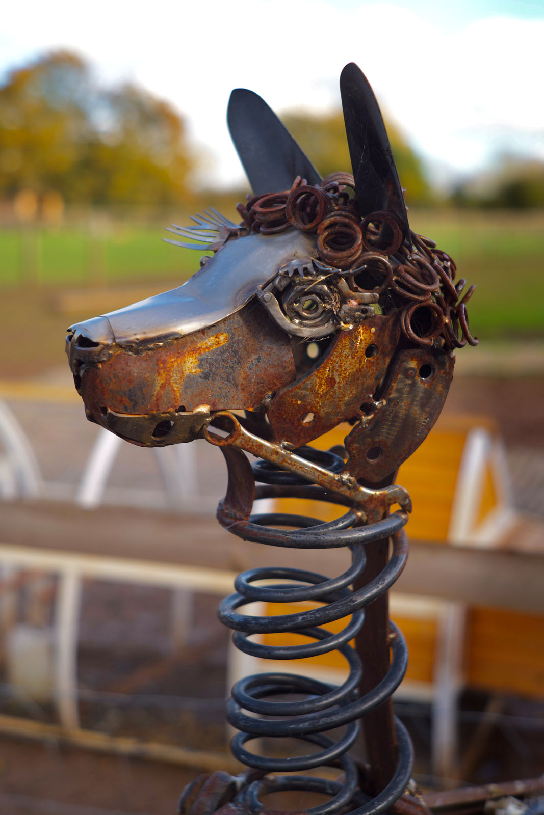 A sculpture of a dog’s head and neck made from rusted metal parts, including coiled springs and gears, outdoors with blurred greenery and fencing in the background.
