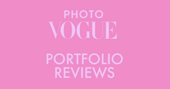 Text reading "PHOTO VOGUE PORTFOLIO REVIEWS" in light pink capital letters on a bright pink background.
