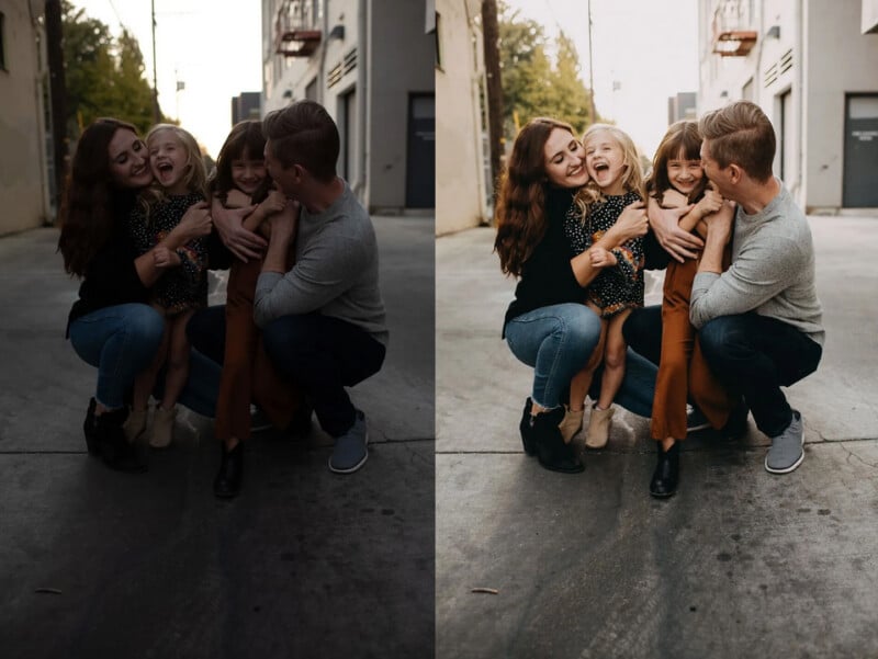 A family of four—two adults and two young children—crouch together in an alley, hugging and laughing joyfully. The image appears twice side by side with slight differences in lighting and color tones.