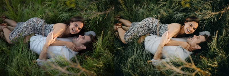A woman lies on top of a man in tall grass, both smiling and laughing as they look up, enjoying a playful and affectionate moment outdoors. The same image appears twice, side by side.