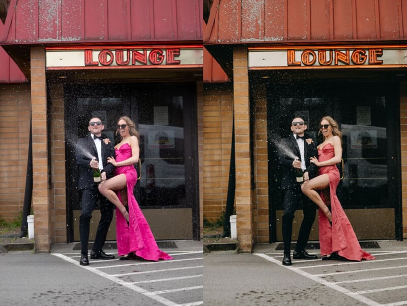 A couple dressed formally, the man in a suit and the woman in a pink gown with a thigh-high slit, stand outside a building labeled "Lounge" as the man sprays champagne. The photo is shown in two versions side by side.