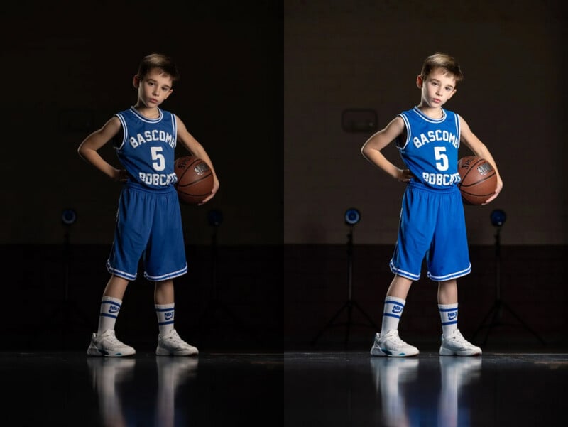 A young boy in a blue "Bascom Bobcats" basketball uniform poses confidently with a basketball under one arm. The image is split to compare different lighting or editing styles.