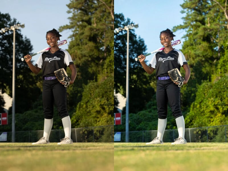 A softball player in uniform stands on a field holding a bat over her shoulder and a glove in her hand, smiling at the camera. The photo is shown twice side by side, with trees and lights in the background.