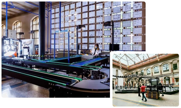 A factory worker operates machinery in a large, high-ceilinged room with many documents or labels on the walls. Inset: People walk near a dinosaur skeleton in a museum with a glass roof.