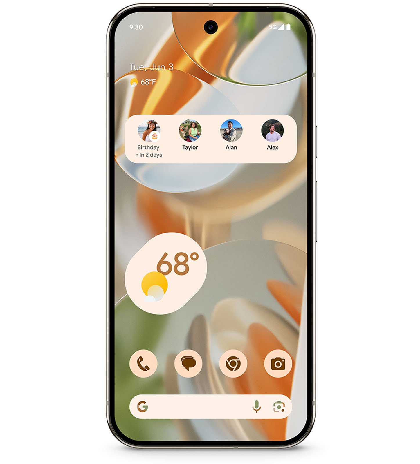 A smartphone displays the home screen with a pastel abstract wallpaper, weather widget showing 68°F, app icons at the bottom, and circular photo icons of four contacts near the top.