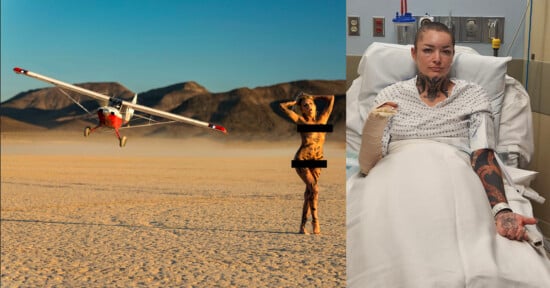 A split image: on the left, a small plane takes off over a dry desert where a nude person stands with black bars covering private areas; on the right, a woman with tattoos lies in a hospital bed with bandaged arms.