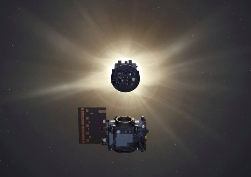 A spacecraft floats in space with the Sun in the background, partially obscured by the vessel and surrounded by a glowing solar corona. The spacecraft’s details and solar panels are visible in the foreground.