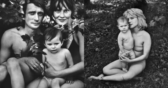 Two black-and-white portraits: On the left, a man, woman, and young child sit close together among leaves. On the right, a woman sits on grass holding a young child; both are partially undressed, posing in a natural outdoor setting.