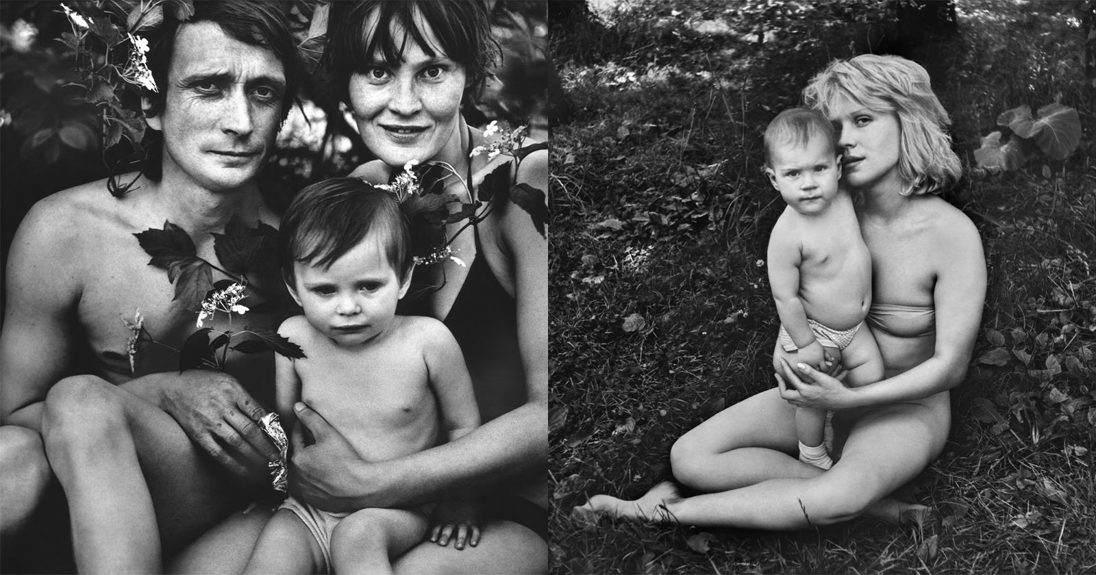 Two black-and-white portraits: On the left, a man, woman, and young child sit close together among leaves. On the right, a woman sits on grass holding a young child; both are partially undressed, posing in a natural outdoor setting.
