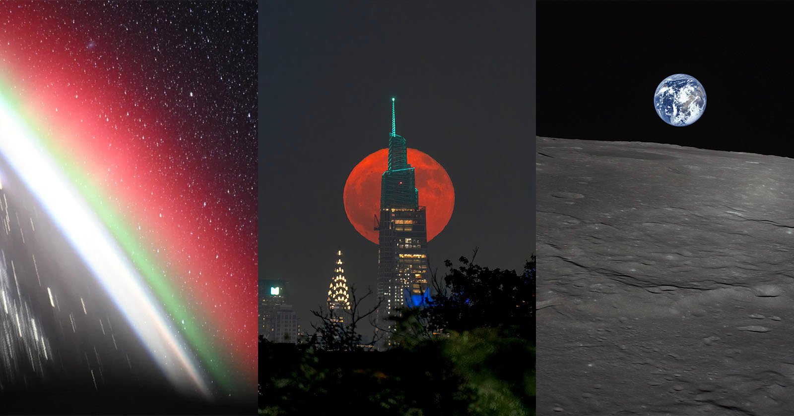 A collage with three images: colorful aurora over Earth's curve, a large orange moon behind a city skyscraper at night, and Earth rising above the gray, rocky lunar surface.