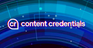 White text reads "content credentials" beside a "cr" symbol on a blue and purple abstract digital background with circular and rectangular shapes and light spots.