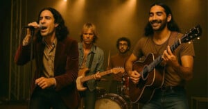 A four-member band performs on stage; the lead singer holds a microphone, a guitarist plays electric guitar, a drummer is in the background, and another musician plays acoustic guitar, all under warm stage lighting.