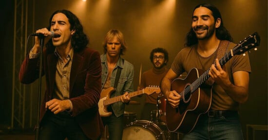 A four-member band performs on stage; the lead singer holds a microphone, a guitarist plays electric guitar, a drummer is in the background, and another musician plays acoustic guitar, all under warm stage lighting.