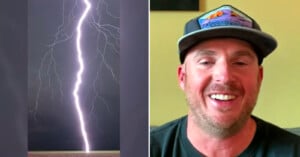 Split-screen image: on the left, a bright lightning bolt strikes against a dark sky over open land; on the right, a smiling man wearing a black cap and colorful shirt sits indoors against a light yellow wall.