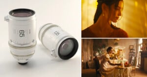 Two white camera lenses are displayed on the left, labeled 65 and 135. On the right, two images show a woman in warm, golden light: a close-up and a scene of her sitting at a decorated table.