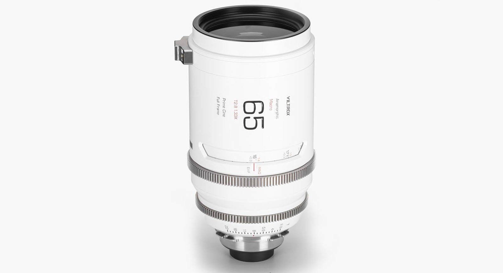 A white camera lens marked “65” with “Viltrox” branding, focusing and aperture adjustment rings, and a mounting base, shown standing upright against a plain white background.