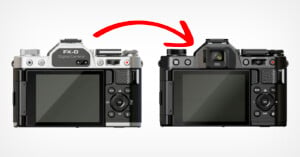 Two digital cameras are shown from the back; a red arrow points from the left silver camera to the right black camera, indicating a transition or upgrade between the two models.