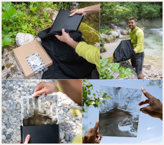 A person outdoors develops a photographic plate using a portable kit by a river, showing the process from unpacking to rinsing and holding the finished photo against a natural backdrop.